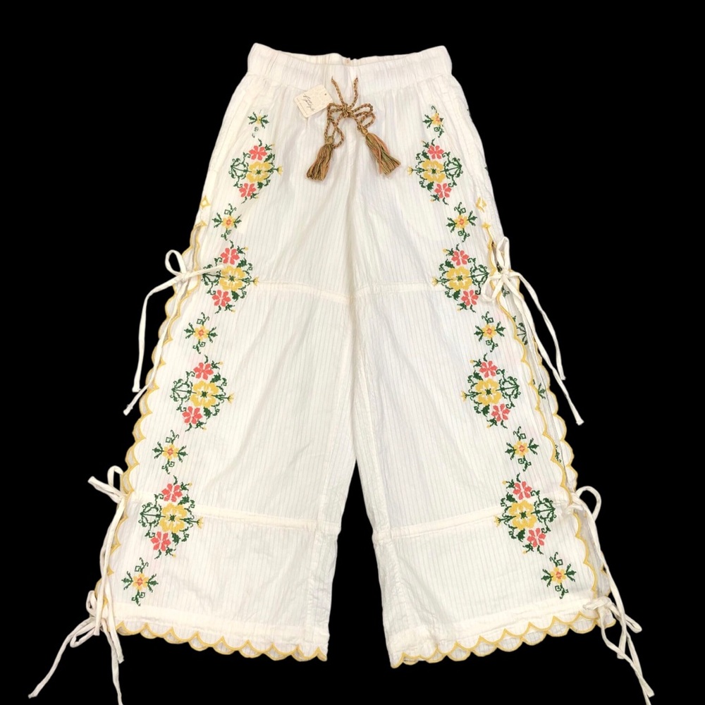 Free People Spring Breeze Tie Pant Women's XS Embroider Floral 27" Inseam NWT